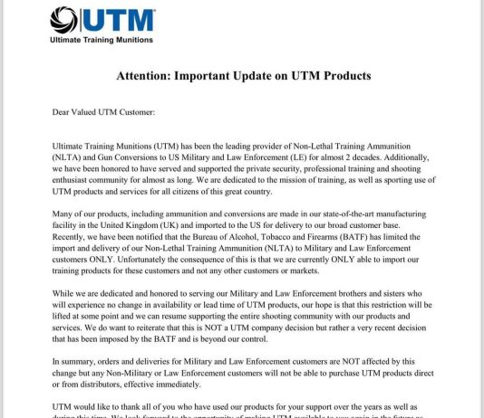 UTM Halts Sales of Training Ammunition to Civilians Due to ATF Ruling