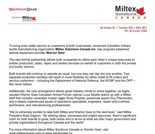 Miltex Solutions Canada Acquires Warrior Gear